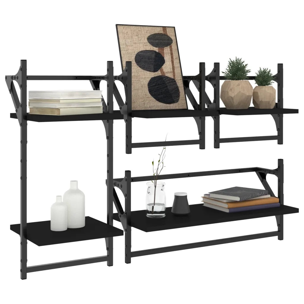 Set Mensole da Parete con Aste 4pz Nero in Legno Multistratocod mxl 131634