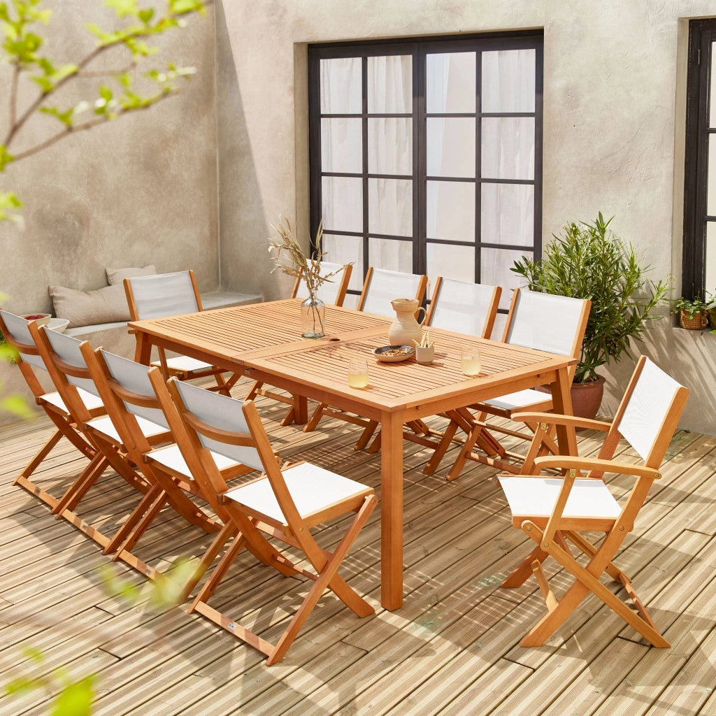 Set tavolo da giardino estensibile in legno con 10 sedie, marrone