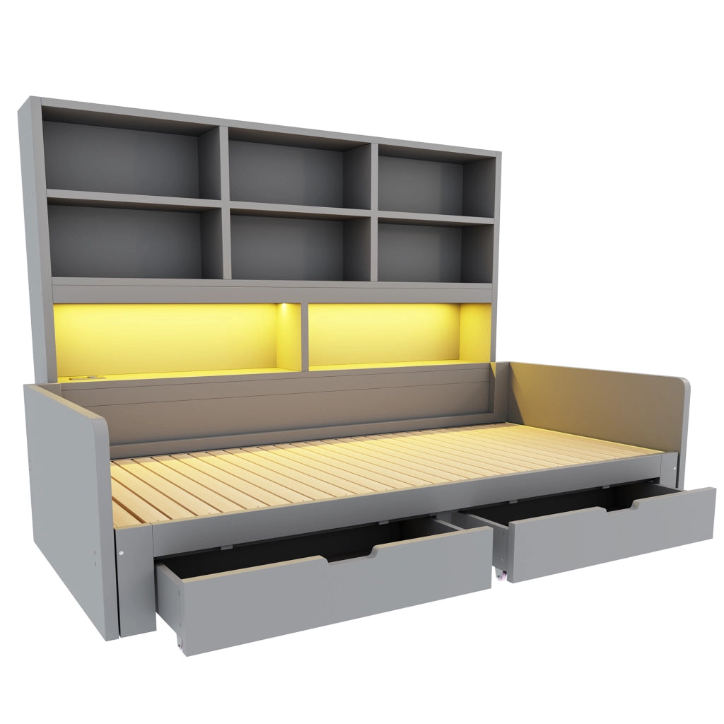 Letto 90x200 cm estraibile con contenitore; LED e prese in MDF grigio