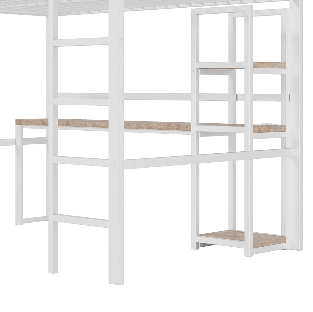 Letto a soppalco ULEVR 140x200 cm con scrivania, ripiani, presa USB e Type-C, metallo bianco
