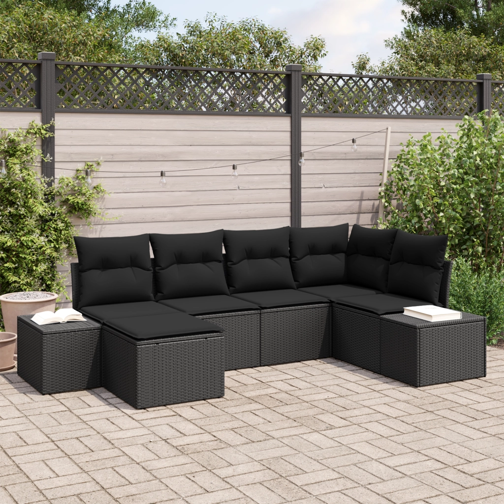 Set di divani da giardino 6 pezzi con cuscini in polyrattan nero