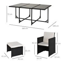 Set 11 PZ Mobili da Giardino in Rattan da Esterno con Tavolo in Vetro Temperato e Cuscini, Set da Pranzo, Nero
