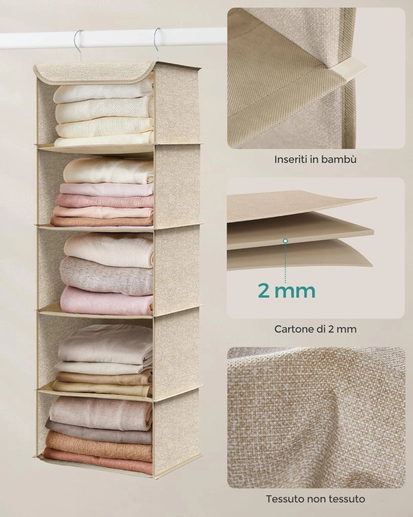 Set di 2 Portaoggetti da Appendere, Organizer Armadio da Appendere, Pieghevole e Salvaspazio, con Ganci in Metallo e Divisori Interni in Bambù, Stampa in Simil Lino, Beige Sabbia RCH005Y02