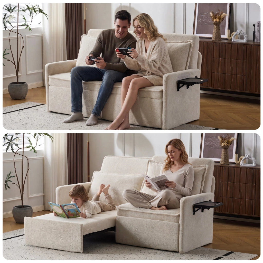 Divano letto con schienale a 5 posizioni, tasche laterali e porta USB/Type-C, in ciniglia beige