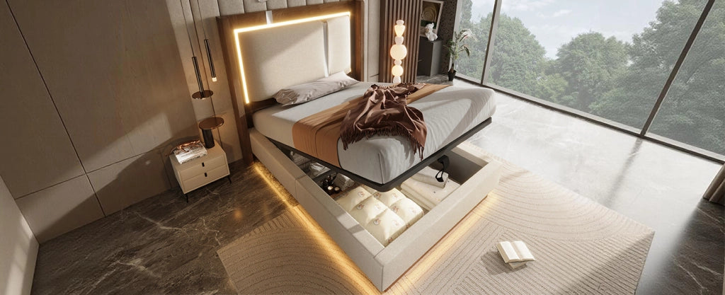 Letto imbottito 90x200 cm con rete a doghe, LED e contenitore, lino beige e noce, senza materasso