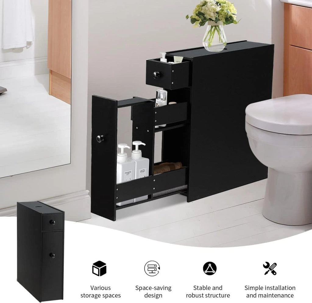 Mobiletto Bagno Sottile, Armadietto per Gabinetto da Terra, Legno, con Cassetti Scorrevoli, Multiuso e Salvaspazio, 16 x 48 x 58 cm (nero)