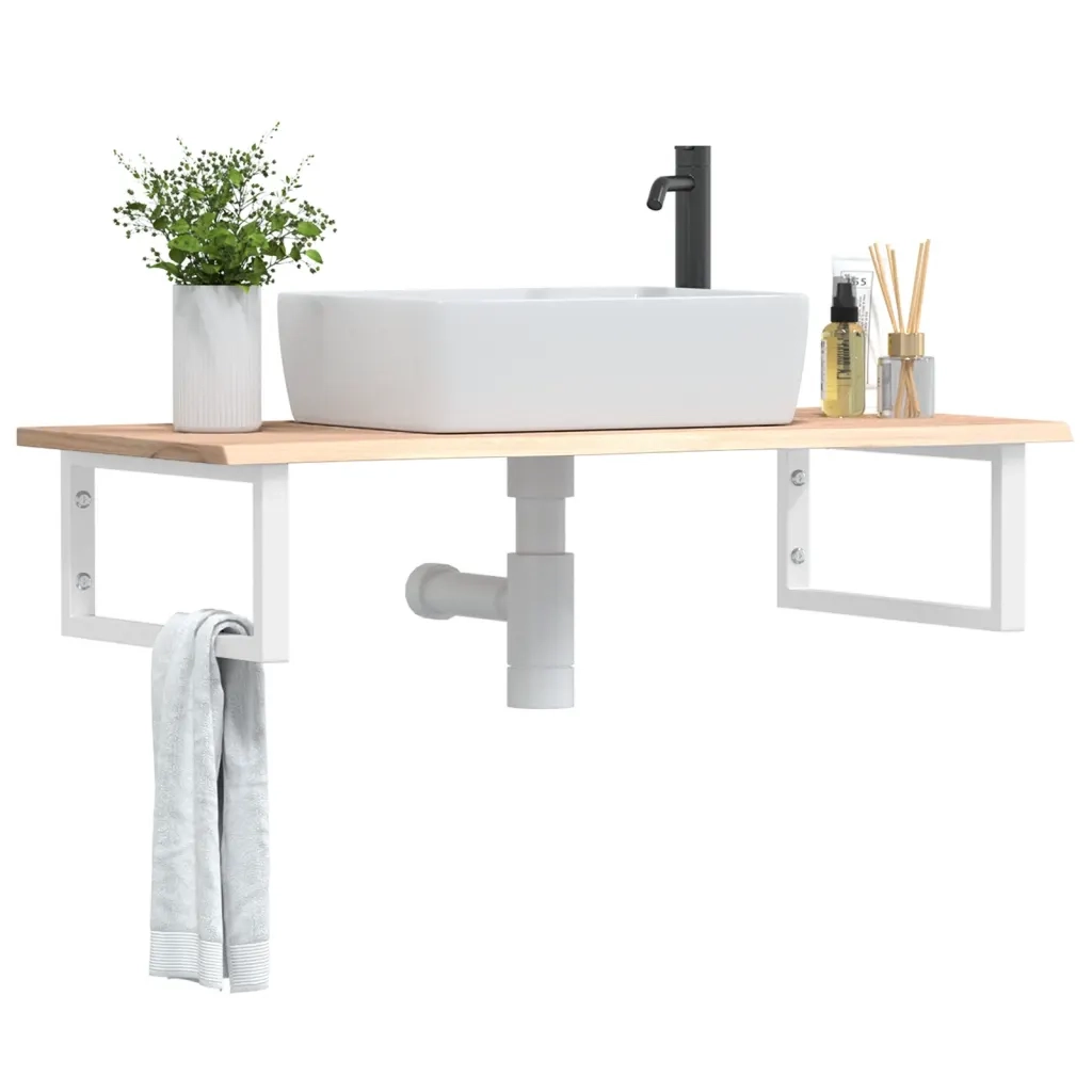 Ripiano a Parete per Lavabo in Acciaio e Massello di Rovere 3302600