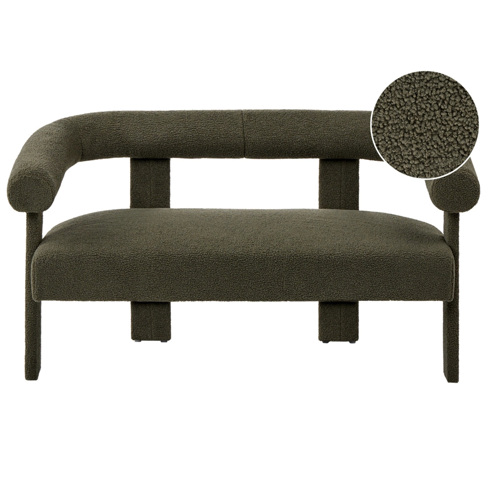 Divano a 2 posti morbido tessuto Boucle verde stile retrò vintage gambe in legno