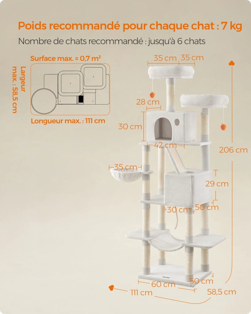 Grande albero per gatti con torre da gioco 206 cm grigio chiaro 12_0005990