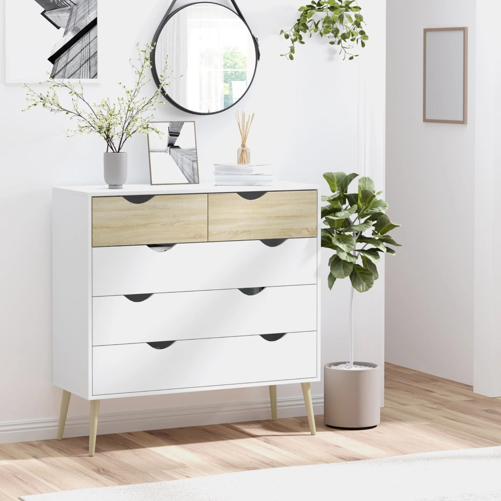 Cassettiera con 5 Cassetti ¨C Xylo ¨C Legno Bianco e Rovere 99x39x101 cm