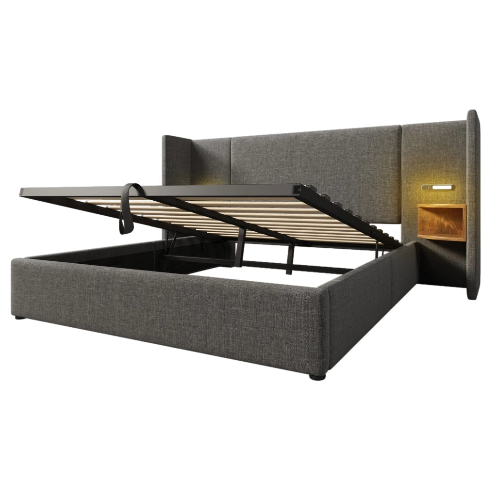 Letto matrimoniale contenitore 160x200 cm in lino grigio con testiera multifunzione; luce LED e USB