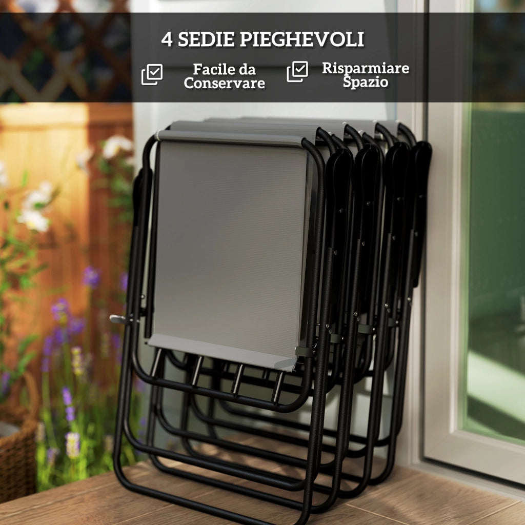 Set da Giardino 6 Pezzi con 4 Sedie Pieghevoli Ombrellone e Tavolo Rotondo  Grigio e Nero