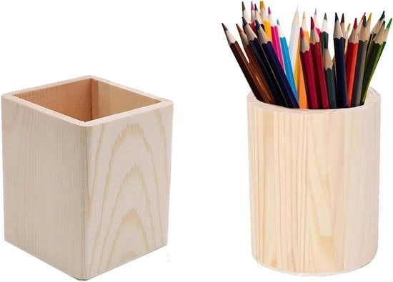 Pennenbaksette in legno (2 pezzi) - Pennenholderi rotondi e quadrati - Fai da te - Pennarelli e matite per trucco