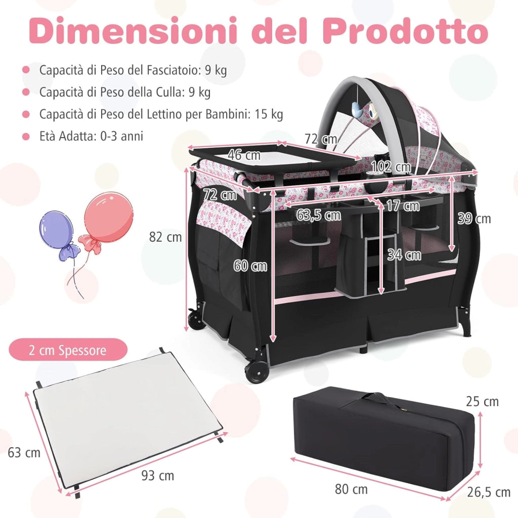 4 in 1 Lettino Neonato con Materasso, Culla da Campeggio con Fasciatoio Cappottina Regolabile, Ruote Bloccabili, Box Piechevole per Bambini 0-36 Mesi (Fiore Grande)