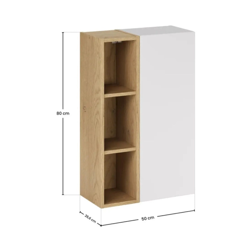 Mobile contenitore OSTER 50cm – mobile sospeso bianco opaco 1 anta e 3 nicchie visibili effetto rovere chiaro