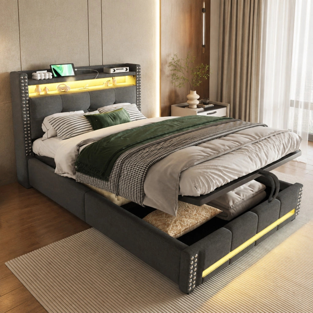 Letto imbottito singolo 90x200 cm con LED; USB e contenitore idraulico; grigio
