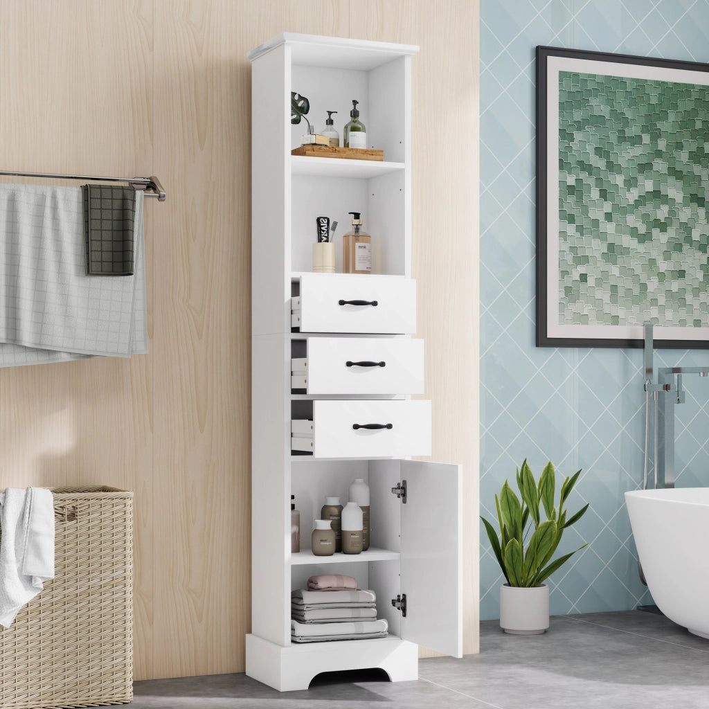 Armadietto da bagno con 3 cassetti, vani aperti e ripiano regolabile in MDF laccato, bianco, 38 × 26 × 172,5 cm