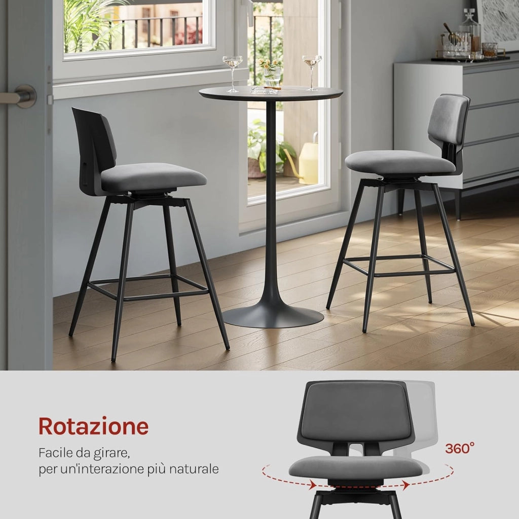 Sgabelli Cucina Set di 2, Sgabelli Bar Girevoli a 360°, con Schienale e Poggiapiedi, in Velluto di Latte, per Cucina, Bar, Soggiorno, Grigio Scuro