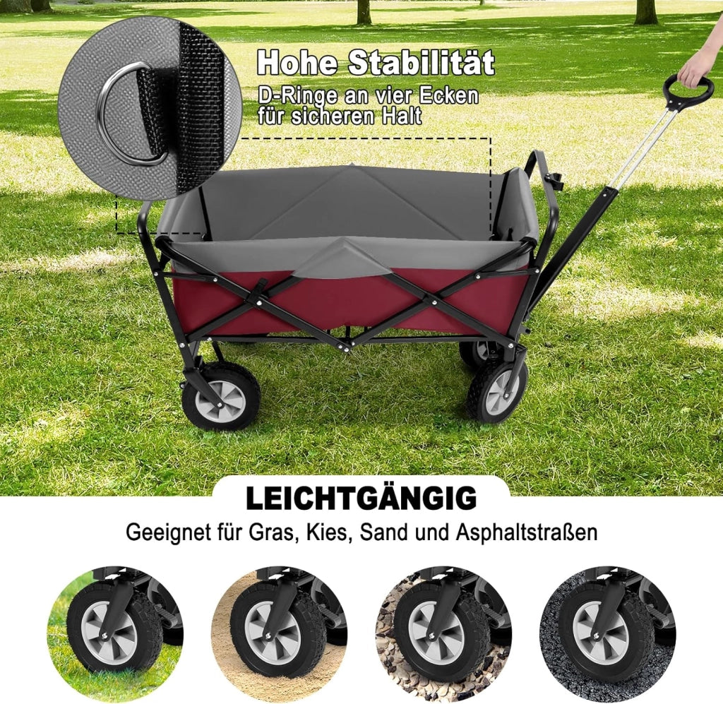 Carrello da Giardino Pieghevole, con Maniglia Regolabile, Carrello da Spiaggia Portatile con Tasche Laterali per Spesa, Picnic, Adatto a Vari Suoli, Portata 80 kg, Fucsia+Grigio