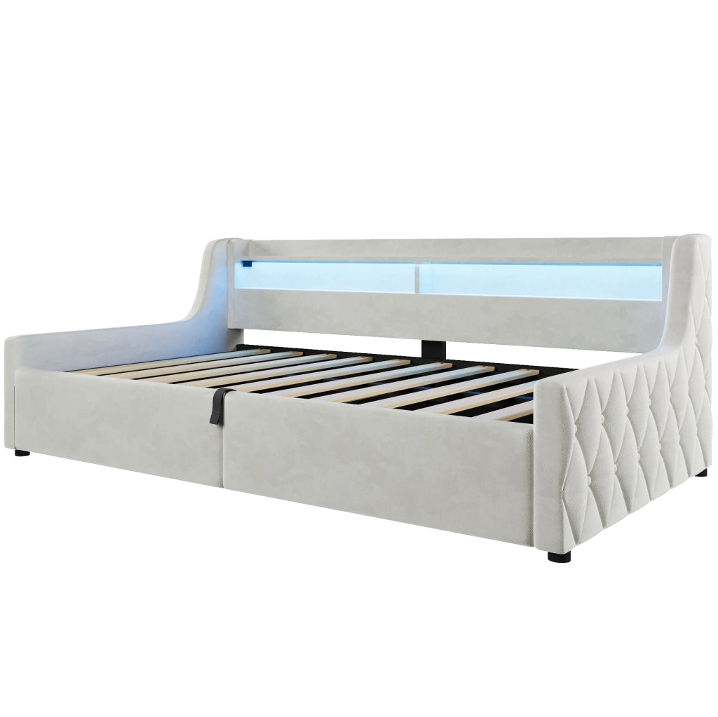 Letto singolo imbottito 90x200 con vano contenitore e testiera LED