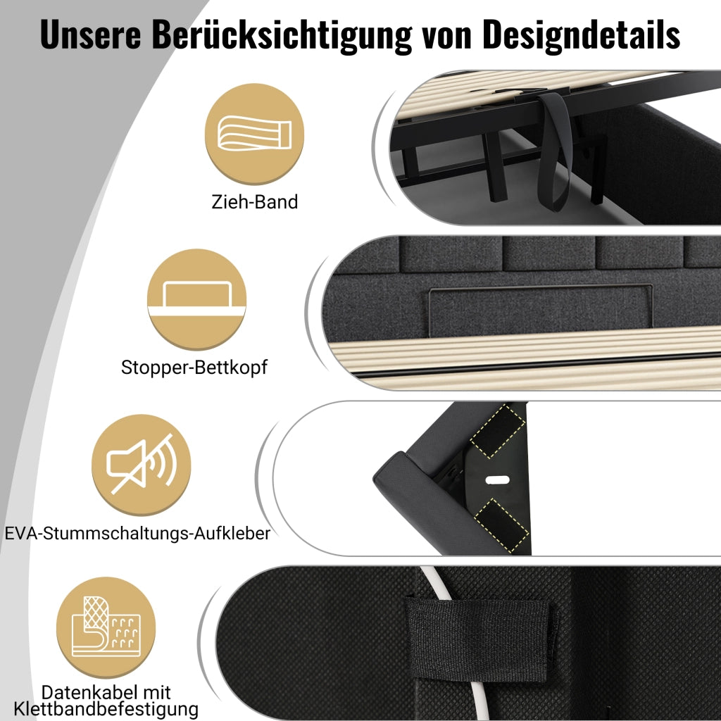 LETTO Contenitore 160x200 cm Grigio con LED, USB e Type-C