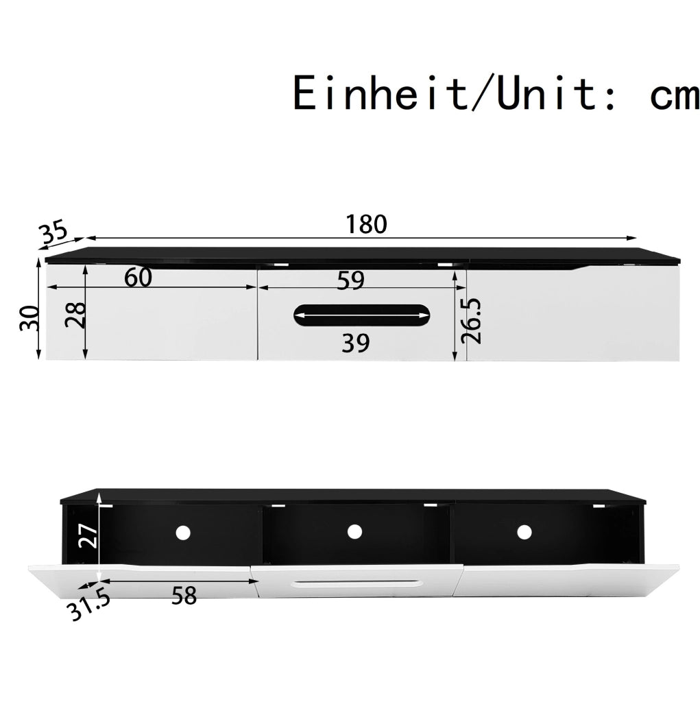 Mobile TV sospeso o da pavimento 180 cm nero e bianco con LED RGB Bluetooth