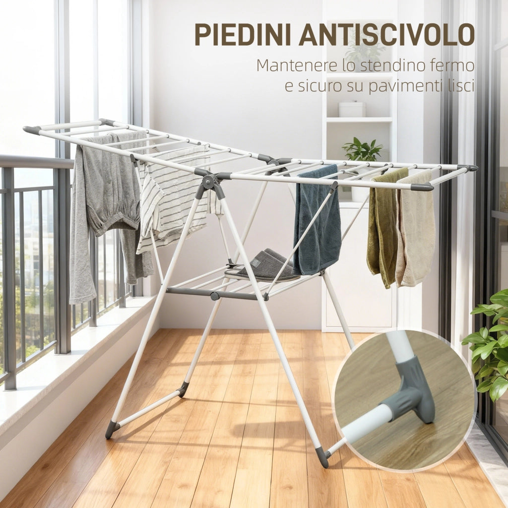 Stendibiancheria a 2 Livelli 156,5x61,5x97 cm Regolabile su 4 Altezze in Metallo e Plastica Bianco