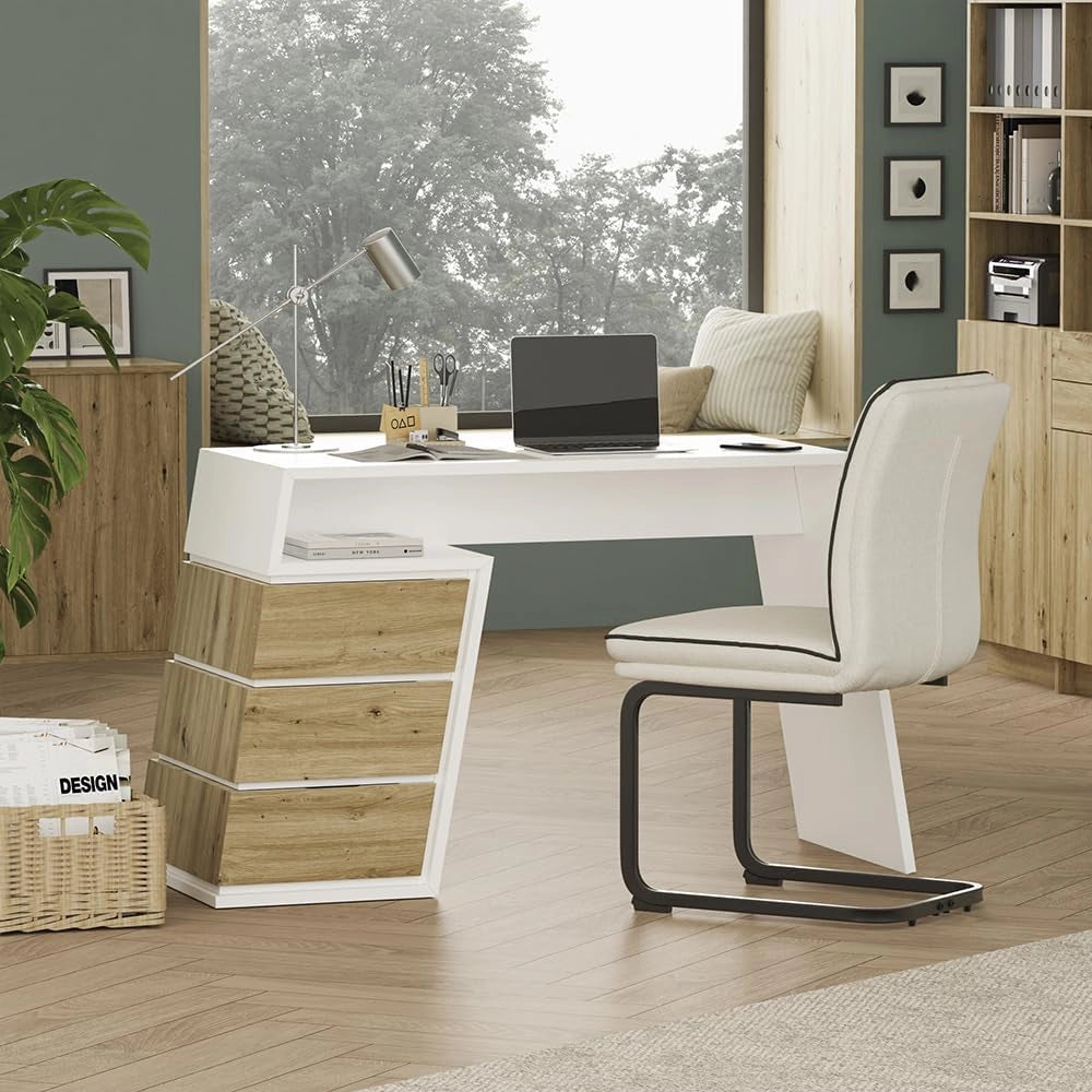 Scrivania Okaro, Bianco/quercia, 105 x 50 cm con 3 cassetti
