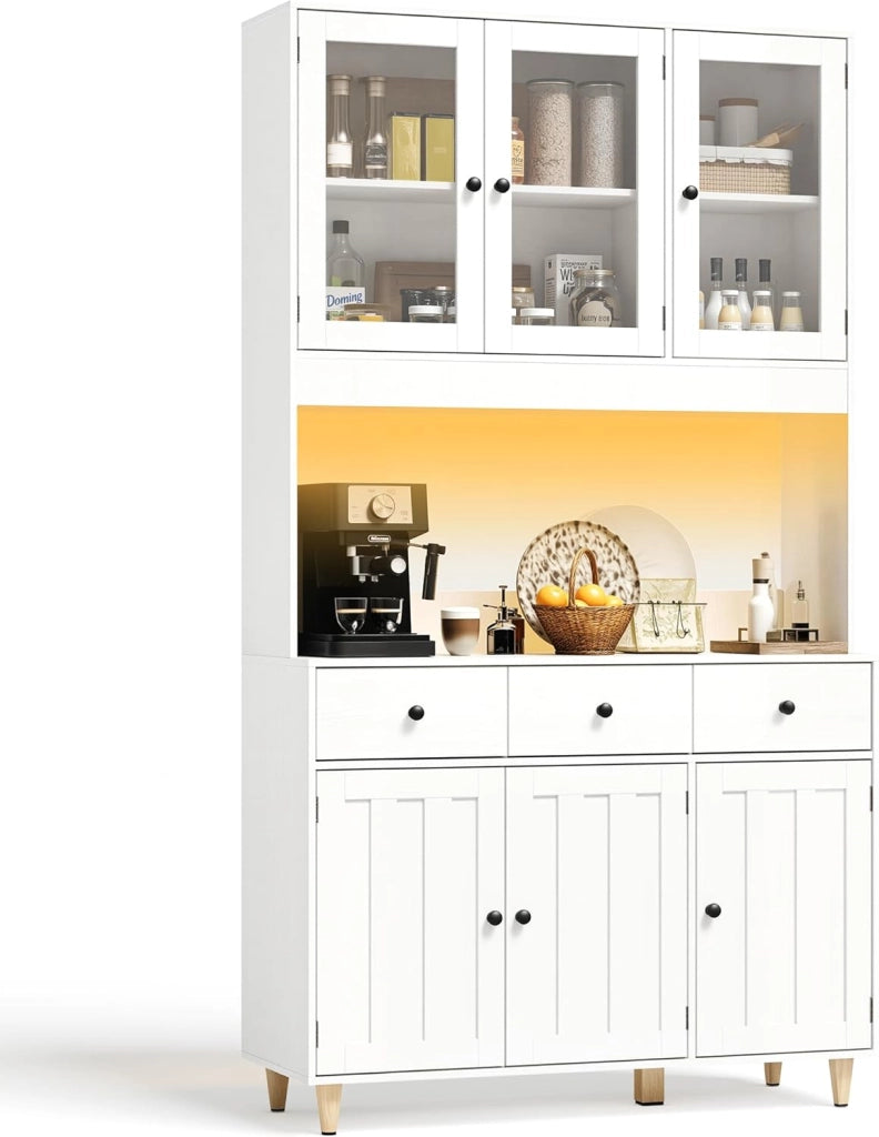 Armadio con piano di lavoro, armadietto a buffet con LED, credenza alta, Armadio per alimenti di grande capacità a 6 ante, 100x38x180cm