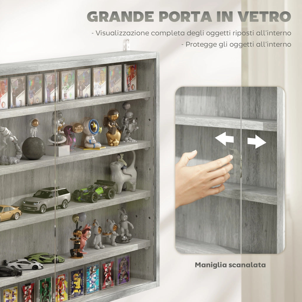 Vetrina Collezionismo 4 Ripiani ¨C Xylo ¨C Legno Grigio Ante Vetro 80x9.5x60cm