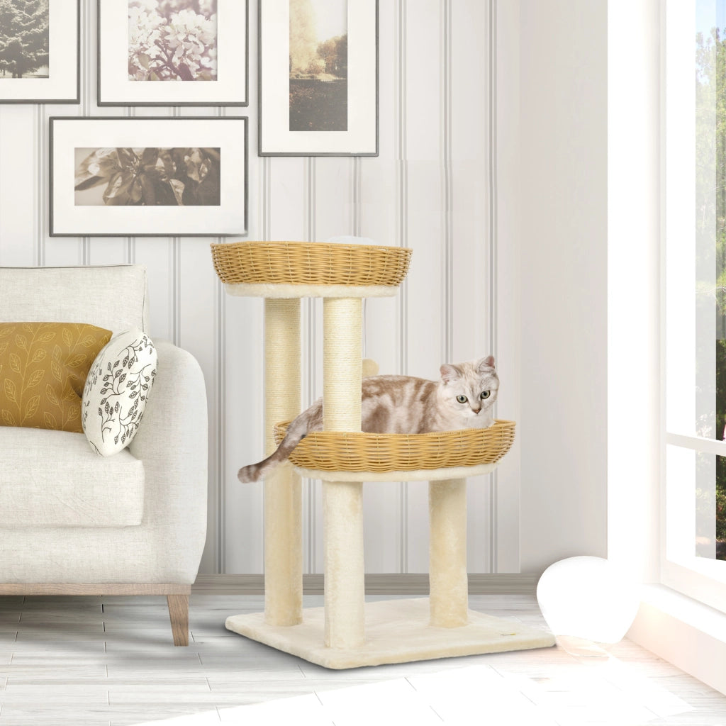Tiragraffi per gatti con due letti in rattan e cuscini lavabili ¨C Xylo ¨C Beige 75,5 cm