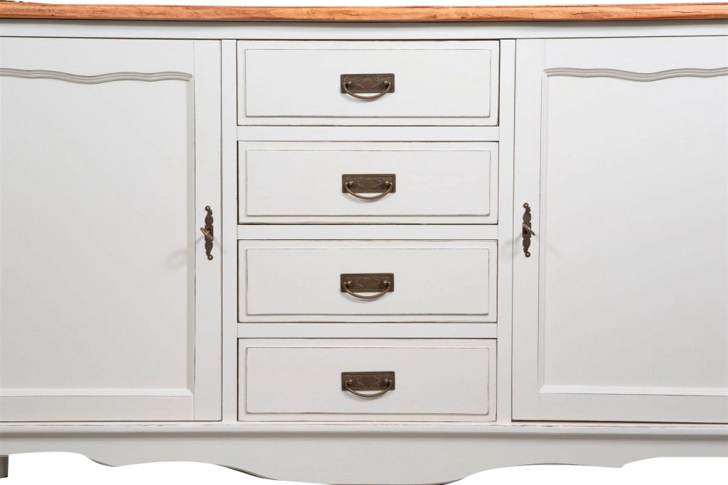 Biscottini Credenza Country in legno massello di tiglio struttura bianca anticata piano finitura naturale L160xPR42xH90 cm. Made in Italy