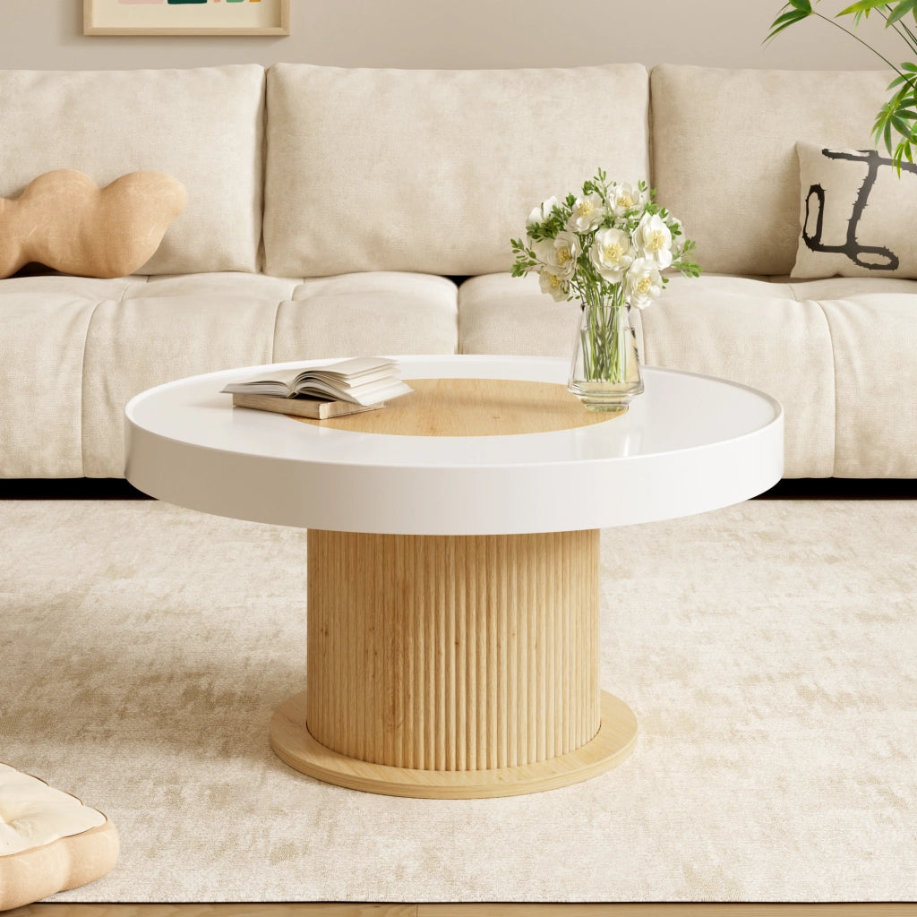 Tavolino da salotto rotondo con base cilindrica scanalata e ripiano bicolore per soggiorno 75×75×39 cm