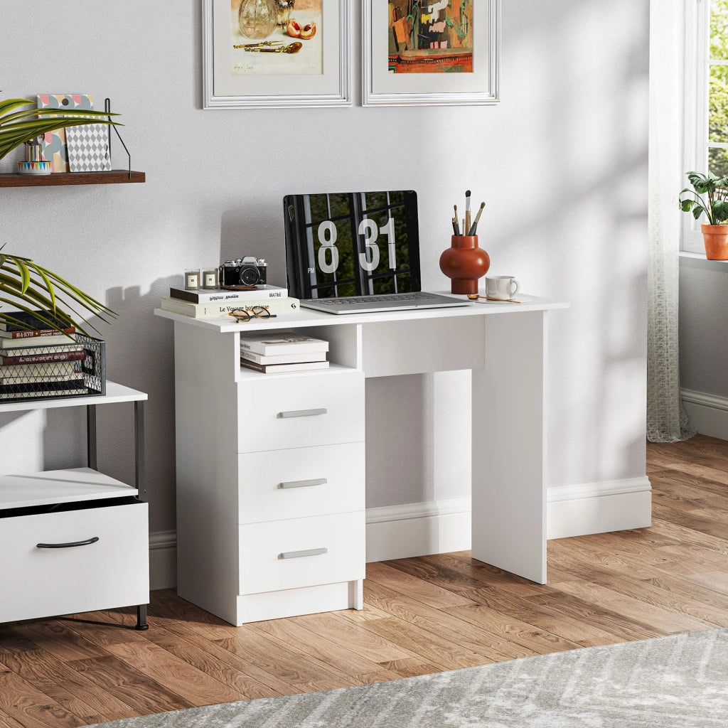 Scrivania 100x40x75 cm con 3 Cassetti e Vano a Giorno in Legno Bianco