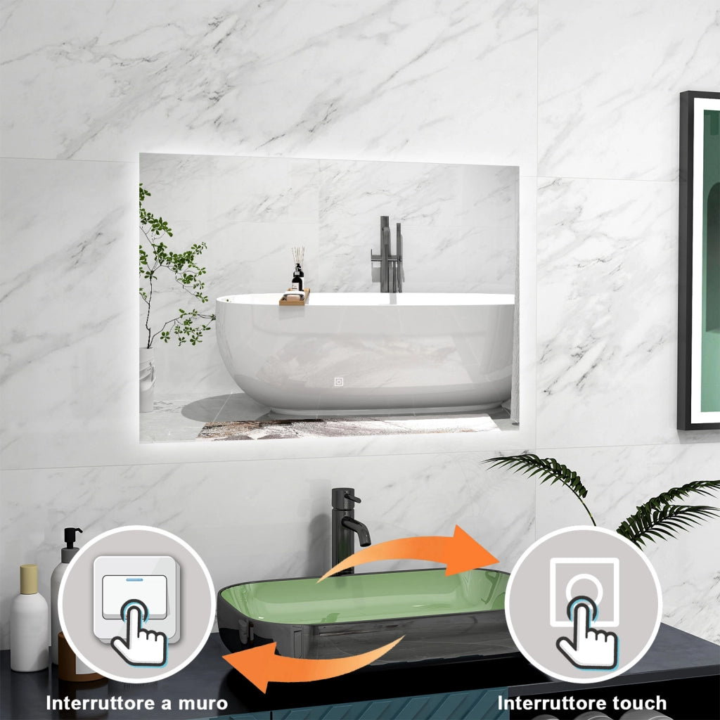AICA Specchio 80x60cm,Memoria, Antifog,Regorabile,Retroilluminato,doppio interruttore
