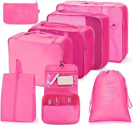8 Set di Organizzatori da Viaggio - Borse Multifunzionali Idrorepellenti per Abbigliamento, Scarpe e Articoli da Bagno in Rosso e Rosa