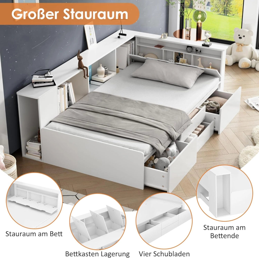 Letto Singolo 90x200 cm con Contenitore Cassetti e Libreria, Letto Multifunzionale per Bambini con Vano Portaoggetti e Rete a Doghe in Legno, Rete con 3 Contenitore, Bianco, Senza Materasso
