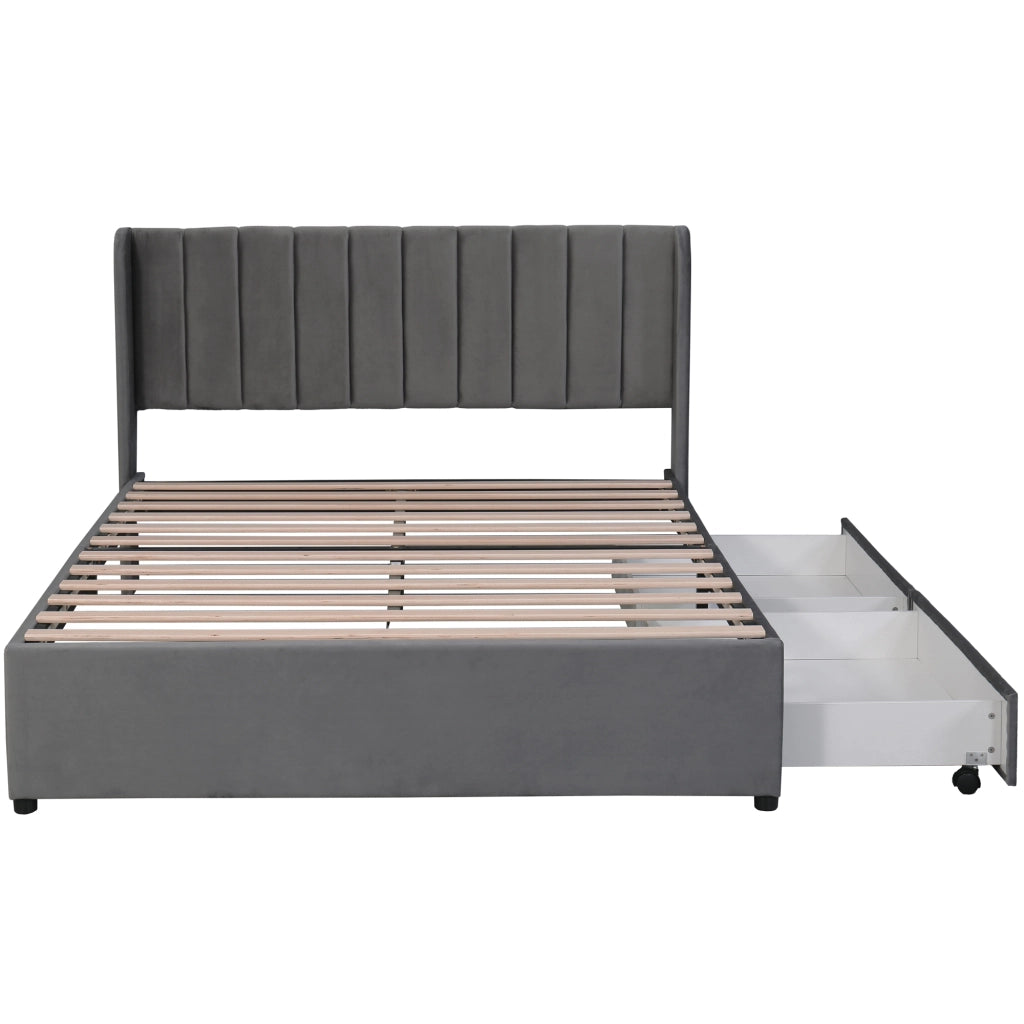 Letto imbottito 140x200 cm in velluto grigio con testiera, rete a doghe e 2 cassetti