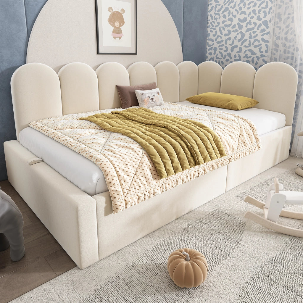OKWISH Letto Banquette 90×200 cm, Letto Singolo con Contenitore Idraulico e Testiera, senza Materasso, in Velluto, Beige