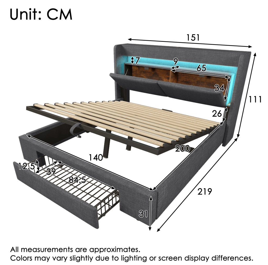 Letto imbottito 140x200 cm con contenitore idraulico; LED; USB/USB-C e materasso; grigio
