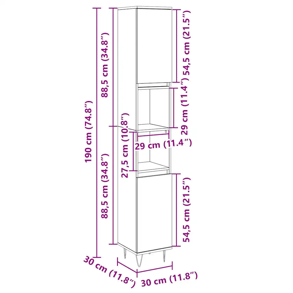 vidaXL Armadietto da Bagno Rovere Sonoma 30x30x190cm Legno Multistrato
