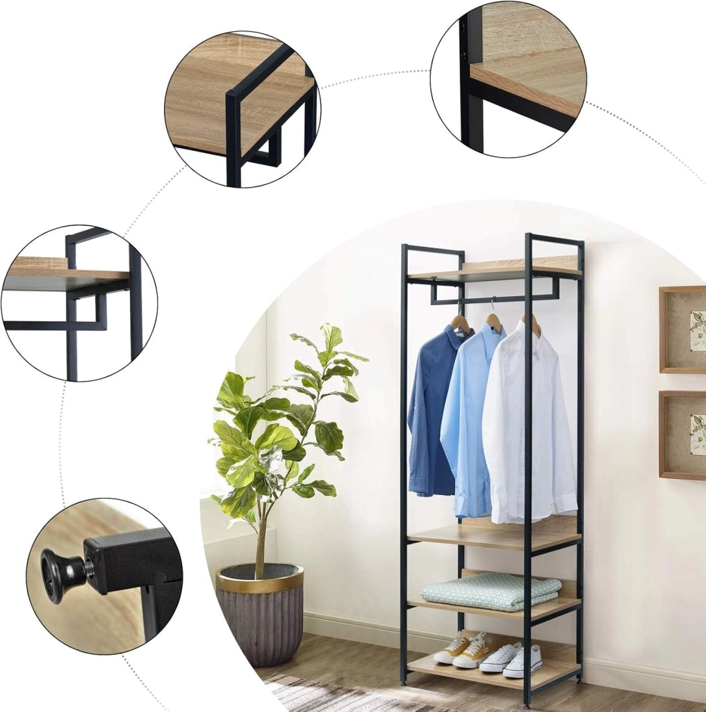Stand Appendiabiti con Ripiani Attaccapanni per Cameretta Guardaroba con Scarpiera Scaffale Porta Abiti in Legno e Acciaio 60x40x170 cm
