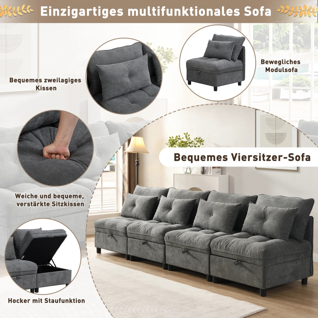 Divano modulare 4 posti - con vano contenitore e funzione letto - in chenille - grigio antico