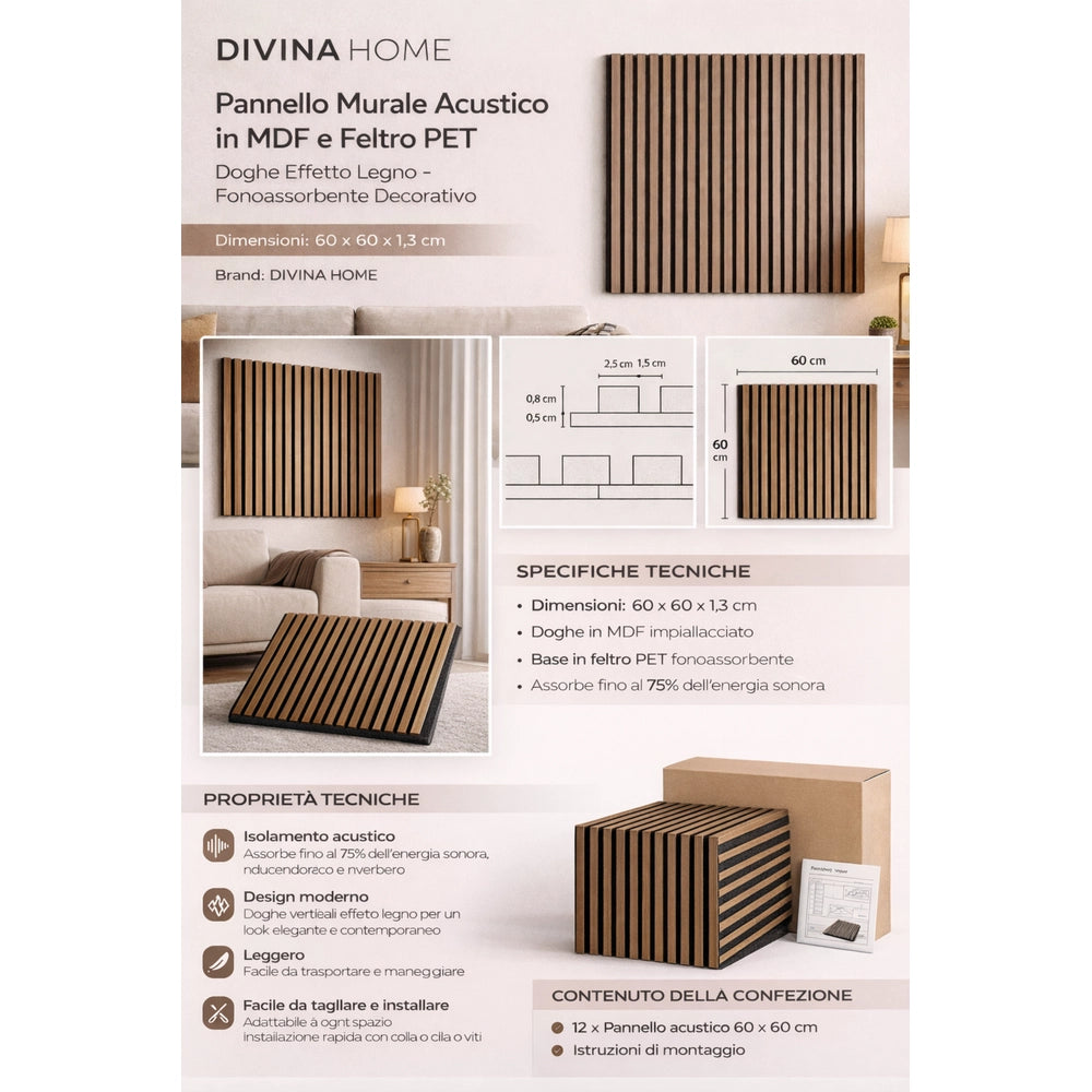 Set 12 Pannelli Decorativi 60x60 cm Motivo a Doghe in MDF e Feltro PET Rivestimento Murale Fonoassorbente Noce Chiaro