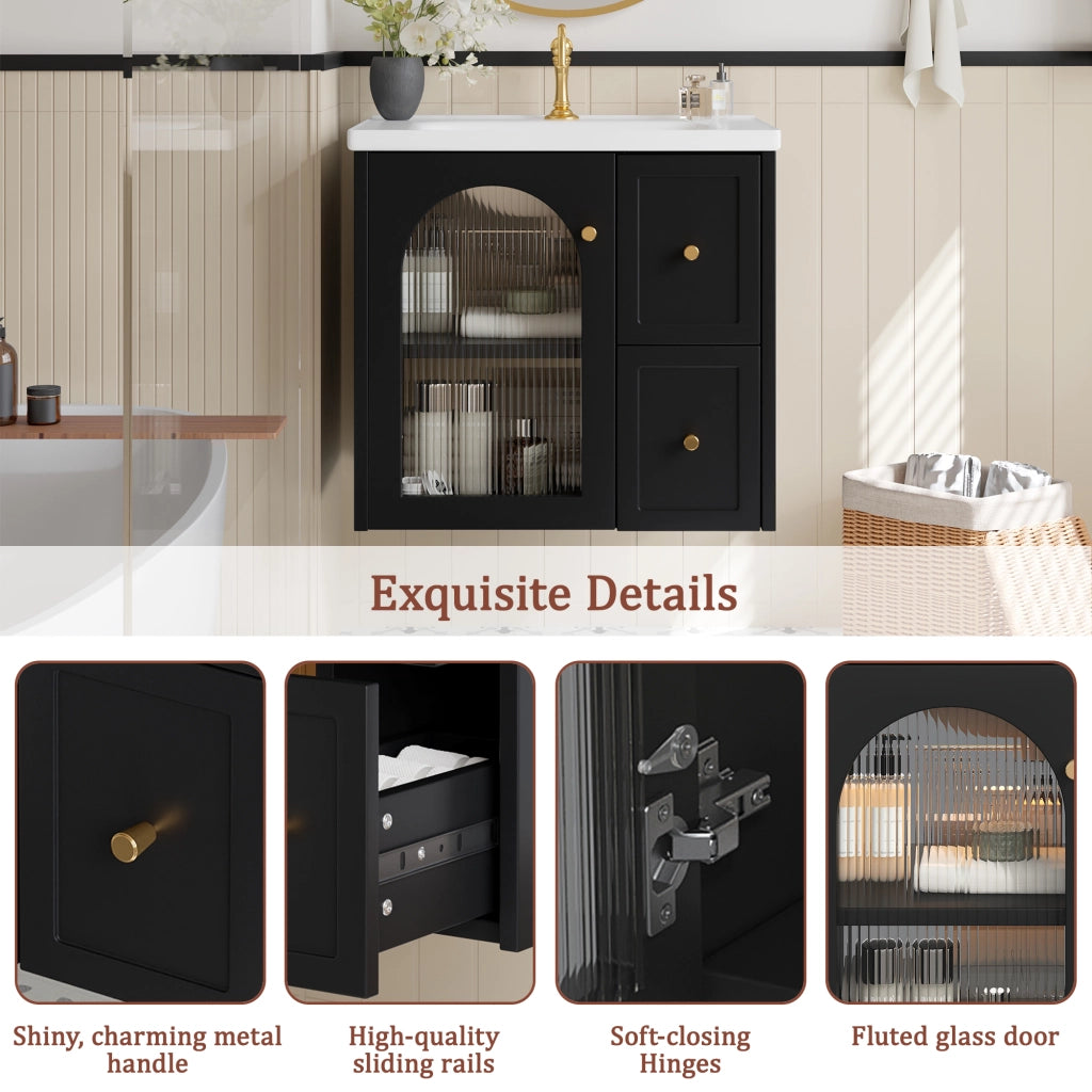 Mobile sottolavabo da bagno a parete con lavabo in ceramica LED anta in vetro rigato e chiusura soft close nero