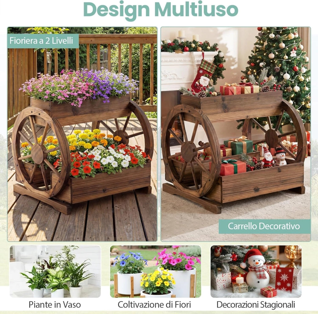 Fioriera a Carro in Legno, Letto da Giardino Rialzato a 2 Livelli con 3 Scatole, Fori di Drenaggio e Ruote, Carrello Decorativo per Fiori da Interno ed Esterno per Patio e Balcone
