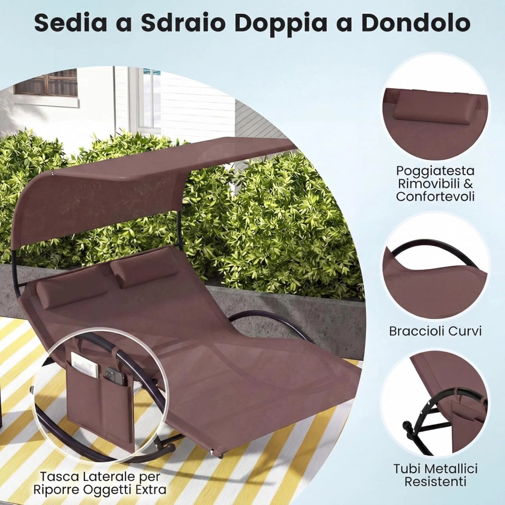 Lettino Prendisole a 2 Posti, Sdraio a Dondolo con Tetto Parasole, 2 Poggiatesta Staccabili e Tasca Portaoggetti Laterale, Tessuto Textilene, per Giardino e Terrazza, Portata 300 kg (Marrone)