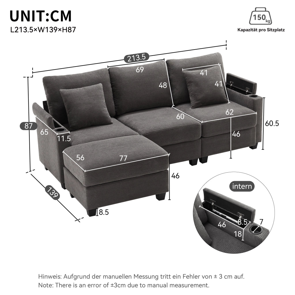 SOFA ANGOLARE L a 3-4 POSTI 213,5 x 139 x 87 cm Corduroy Grigio Scuro
