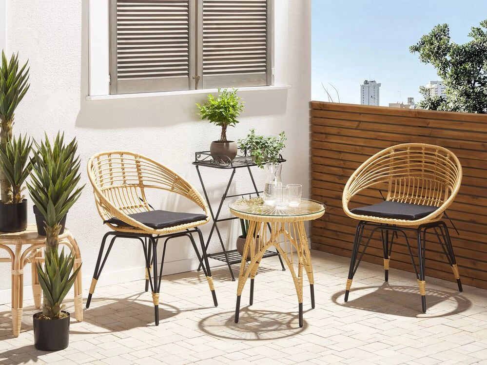 Set Bistro da Esterno in Polirattan e Metallo a 2 Posti con Tavolino color Legno Chiaro e Nero