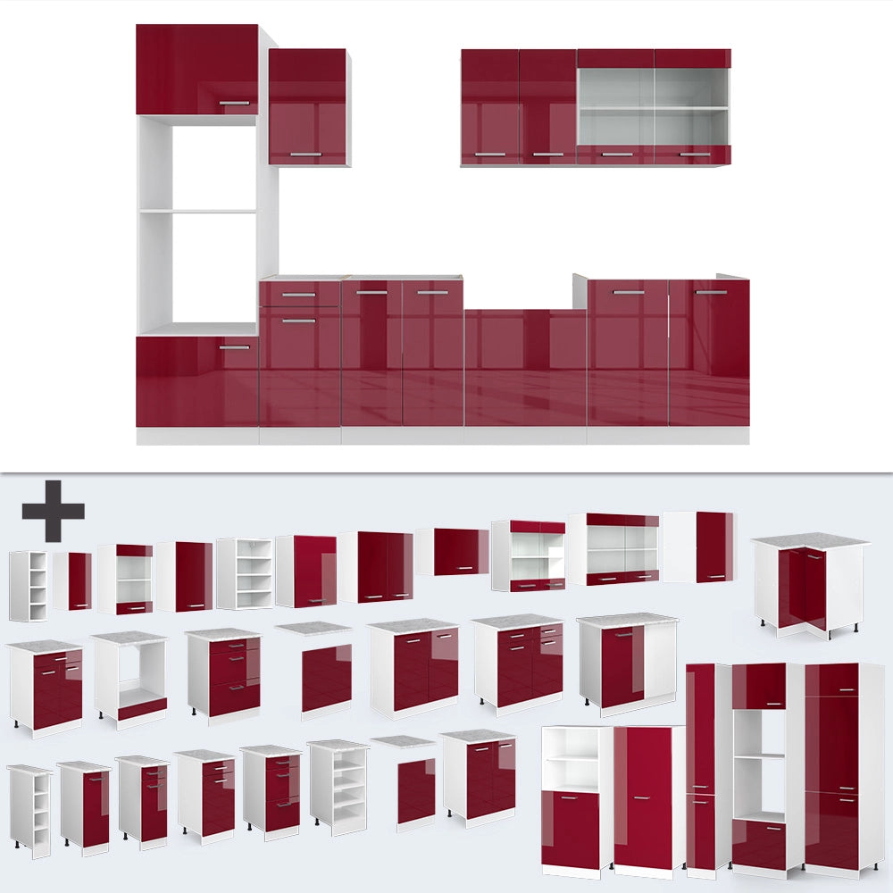 Vicco Cucina componibile Rosso lucido/bianco 300 cm con armadio alto, PL Marmo